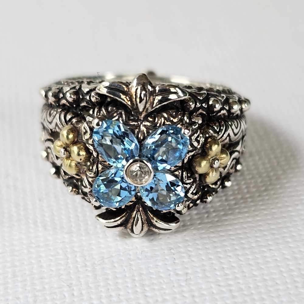 Genuine Barbara Bixby Blue Topaz Ring Sterling Silver & 18k Size 6.5 - Picture 3 of 12